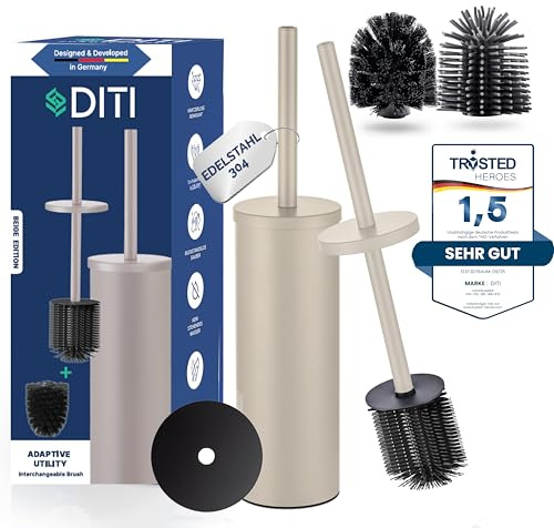 DITI® Klobürste Runde Silikon Beige Matt - Edelstahl 304 WC Bürste Rostfrei - Toilettenbürste mit Halter & Spritzschutz Inkl Ersatzbürsten - Antibakterieller für eine Gründliche Reinigung