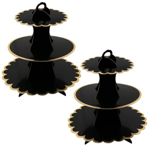 Vidoxdu 2 alzate per cupcake in cartone, a 3 livelli, rotonde, a torre, per muffin e pasticceria, per compleanni, matrimoni, baby shower, tè pomeridiano (nero)