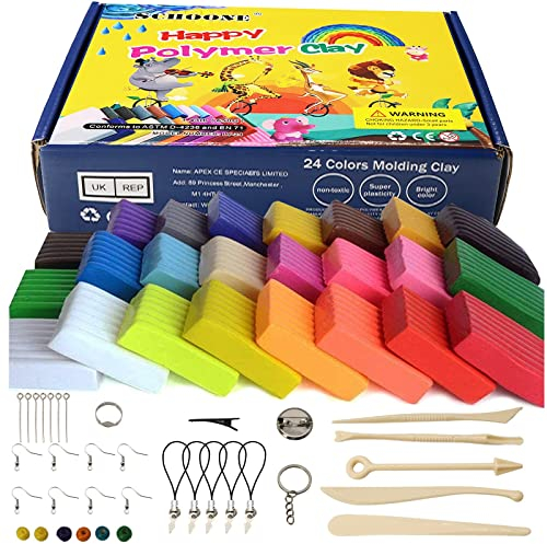 Polymer Clay 24 Colors Oven Bake DIY Colorful Clay Safe and Nontoxic Soft Modelling Moulding Colorful DIY Toys by Schoone, Best Gift for kids
