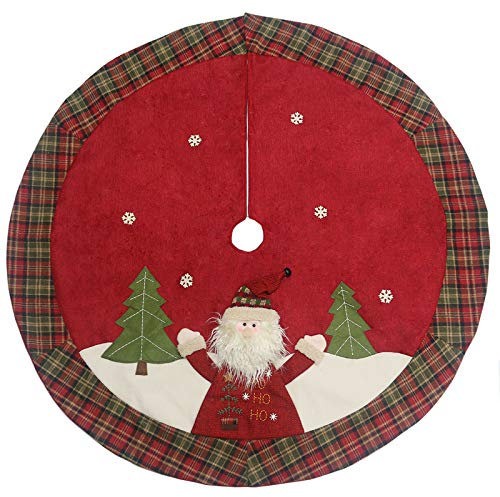Uxiyi 48 Christmas Tree Skirt Double-Layer Design Santa Pattern Burlap Christmas Tree Skirt with Buffalo Plaid Edges for Xmas Holiday Decorations (Plaid)
