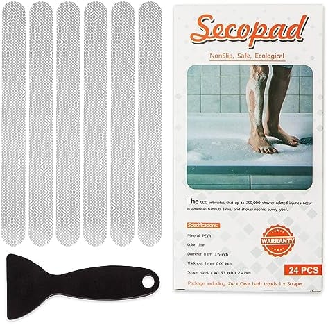 Secopad - 24 adesivi antiscivolo per doccia e vasca da bagno; strisce adesive di sicurezza con raschietto di alta qualità, per vasche da bagno, docce, scale, scale a pioli, barche