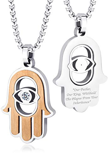 555Jewelry Stainless Steel Hamsa Necklace for Women, Hand of Fatima, Evil Eye Necklace, CZ Hamsa Pendant, Good Luck Necklace, Chamsa Necklace, Silver & Rose Gold, White CZ, 18 Inch Box Chain