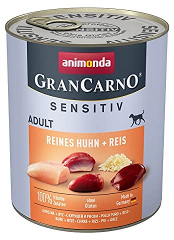 animonda GranCarno Hunde Nassfutter Sensitiv Reines Huhn + Reis (6 x 800g), getreidefreies Hundenassfutter ohne Zucker, für ausgewachsene Hunde, mit frischen fleischigen Zutaten