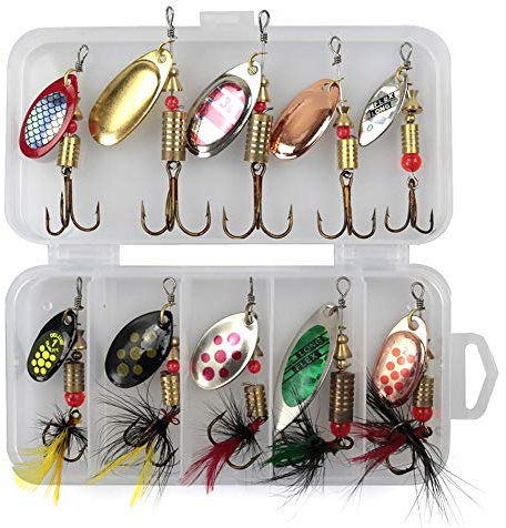 Joyeee 10 Pezzi Kit di esca Esche cucchiaino, Cucchiaini da Pesca con scatola di plastica per Acqua Dolce e Salata, Cucchiaino Speciale Pesca alla Trota per Trota, Persico,