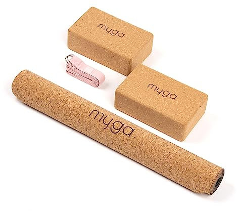 Myga Kork-Yoga-Set | Komplettes Set mit Yogamatte, 2 Yogablöcken & Gurt (Rosa) | Rutschfest & Unterstützend | Ideal für Yoga, Pilates, Meditation & Fitnessübungen | Umweltfreundlicher Naturkork