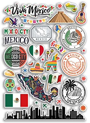 A4 Aufkleberbogen Mexiko Sehenswürdigkeiten Vinyl Aufkleber - Mexikanische Stadtkarte Flughafenstempel Skyline Flagge Reise Urlaub Kultur Ästhetik #7994