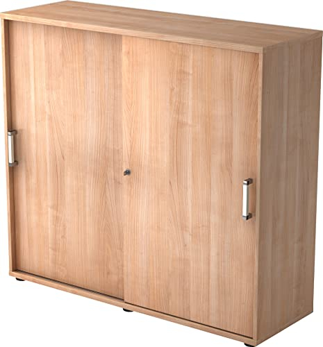 bümö Schiebetürenschrank 3OH - Aktenschrank abschließbar, Sideboard Schrank mit Schiebetüren in Nussbaum - Büroschrank aus Holz mit Schiebetür, Büro Kommode für Ordner & Co.