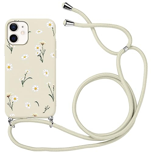 Yoedge Coque avec Cordon pour Apple iPhone 12/iPhone 12 Pro 6,1 Étui Housse Collier Réglable Tour de Cou Lanière Corde Case avec Motif Fleur Mince Silicone TPU Antichoc Lanyard Chaîne Cover,Blanc