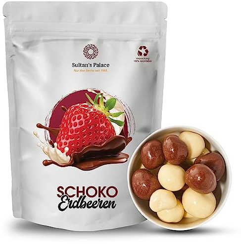 Sultan’s Palace Gefriergetrocknete Erdbeeren in weißer & Vollmilchschokolade – 200g – Versand mit Kühlpads bei hohen Temperaturen – fruchtig & knackig – Schokofrüchte mit Schokolade