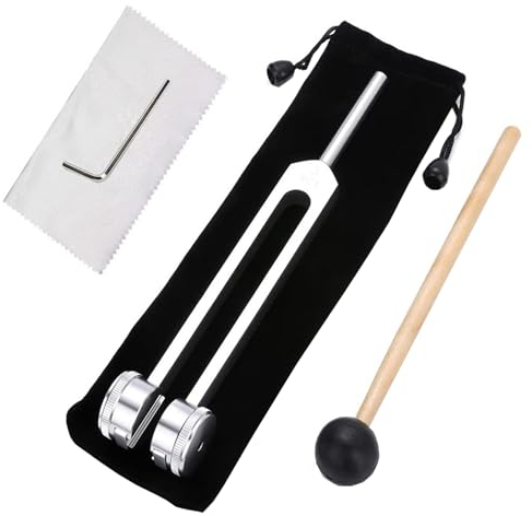 CLKE Stimmgabel-Set, 128 Hz, aus Aluminium, therapeutische Stimmgabel, 128 Hz, therapeutisch, mit einem kleinen Schlüssel, einem Hammer aus Silikon, einer Tasche aus Flanell, silberfarben