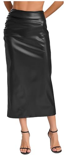 TiaoBug Damen Wetlook Rock Schwarz Stretch Lederrock Kurz Sexy Minirock mit Schlitz Hohe Taille Midi-Rock Gogo Tanz Rave Nachtclub Outfit Schwarz I L