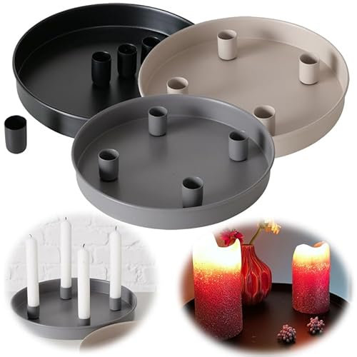 LS-LebenStil Kerzentablett Grau Magnet 4 Stabkerzen Rund 25cm Kerzenhalter Deko Tablett Kerzenständer