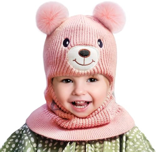 beifon Schlupfmütze Kinder Winter Warme, Wintermütze Jungen Schalmütze Niedlich Bär Strickmütze Kindermütze mit Bommel Fleecefutter Mütze Schal Set Mädchen Beanies für 1-4 Jahre(Acryl, Rosa)
