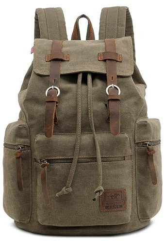 FOLOVEYA Vintage Zaino Uomo Tela Zaino 15.6 Pollici PC Portatile Casual Viaggio Zaini Retro Canvas Zainetto Scuola per Trekking Campeggio Escursionismo Università Zaino Laptop Army Green