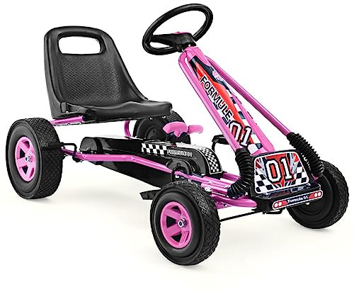 DREAMADE Kinder Go Kart Tretfahrzeug, Tretauto mit Bremsen, Kinderfahrzeug Pedalfahrzeug mit Verstellbarem Sitz für Kinder ab 3 Jahre (Rosa)