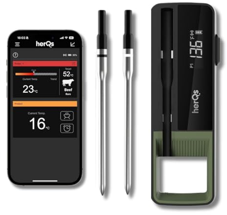 HerQs Double Max Grillthermometer, Digitales Bluetooth Fleischthermometer, Mit App und Temperaturalarm bis zu 300°C, 170m Bluetooth Meater - Für Grill, Ofen, Pfanne, Heißluftfritteuse - 2 Sonden