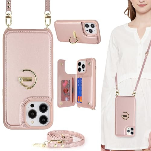 ELTEKER for iPhone 15 Pro Max Phone Case with Card Holder and Strap,PU Leather Wallet Case Flip Cover with Crossbody Lanyard Strap for iPhone 15 Pro Max (6.7 Inch)-Rose Gold