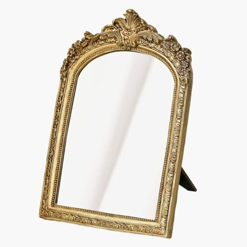 HSDDHOME Kleiner Goldener Vintage-Make-up-Spiegel, antiker dekorativer Wandspiegel, Kunstharz, geschnitzter Bogen-Tischspiegel mit Ständer für Wohnzimmer, Schlafzimmer, Kommode,