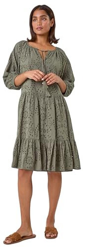 Roman Originals Women Broderie Tiered Smock Dress - Ladies Spring Holiday Summer Casual V-Neckline Short Sleeve Relaxed Lined Comfy Dresses Cotton Frill - Khaki - Size 16