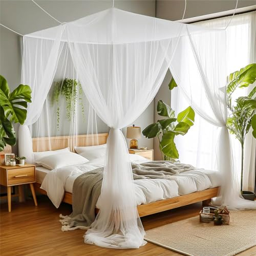 Koomuao Moskitonetz Bett für Doppelbett Einzelbett, Moskitonetz Reise, Himmelbett Vorhang Feinmaschiges Betthimmel Mückennetz für Zuhause und Outdoor Camping Gegen Insekten Mücken (Blanc)
