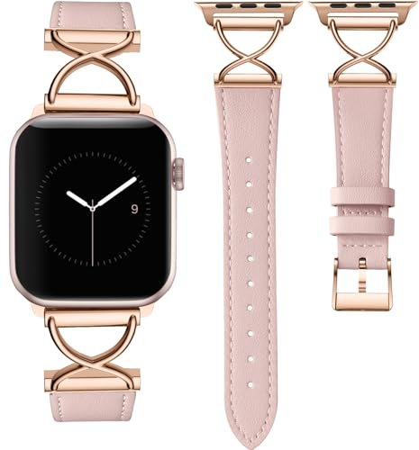CeMiKa Cinturino in Pelle Compatibile con Apple Watch 42mm 44mm 45mm 49mm per Donne, Sottile Cinturino in Vera Pelle con Metallo a Forma di X per iWatch Series 9 8 7 6 5 4 3 2 1 Ultra, Rosa/Oro Rosa