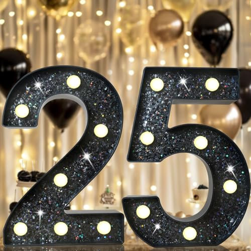 8.8 Decorative LED Light Up Numbers, Glitter Marquee Number Sign for 25th Birthday Party Wedding Backdrop Home Bar Wall Decoration, Black Number 25