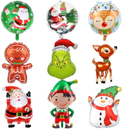 Luftballons Weihnachten, 9 Stück Folienballon Weihnachten, Helium Ballon Weihnachten Weihnachtsmann Schneemann Lebkuchenmann Elch, Christmas Balloons Weihnachts Dekoration 1