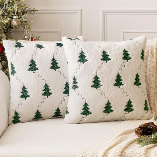 MIULEE Natale Cuscini per Divano Set di 2 Cuscini Natalizi Decorativi Quadrati Morbide Copricuscini Domestica Soggiorno Camera da Letto Modello di albero di Natale piccolo 45x45cm, Beige