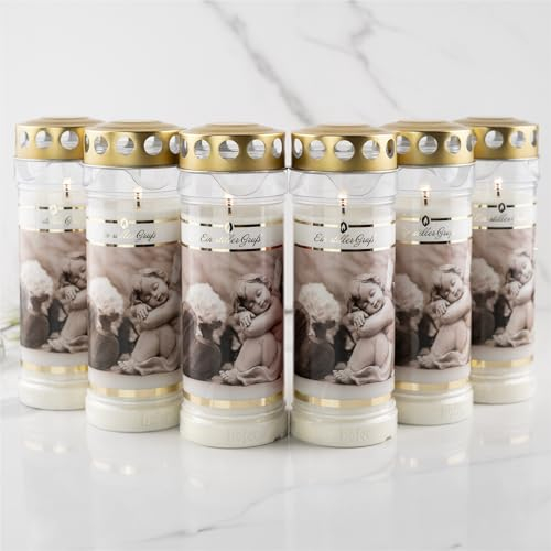 6er Set HOFER GRABKERZEN 7 Tage Brenndauer - Das Original [Ein stiller Gruß] regenfest | Kerzen mit Deckel | Grablicht, Friedhofskerze mit Motiv und Spruch | Kerzen für Grabdeko