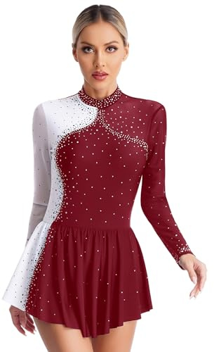 LiiYii Eiskunstlauf Kleid Damen Glitzer Tanzkleid Langarm Strass Ballettkleid Latein Tanzkleid Rollschuhkleid Ballerina Tanzkleidung