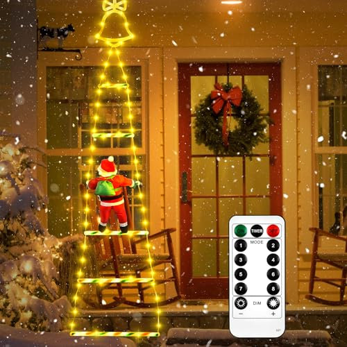 Joellfuner Scala LED con Babbo Natale, Decorazione Natalizia su Scala Arrampicata, Luce 8 modalità e Alimentato USB, Funzioni di Temporizzazione (125CM-2)