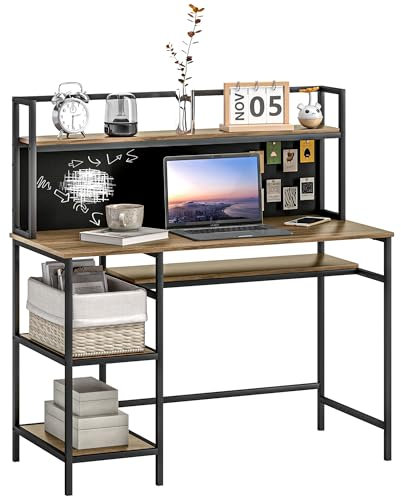 HOMCOM Bureau avec Rangement Bureau Informatique avec 4 étagères, Grand Plateau et Panneau Noir pour Salon Chambre 120L x 53l x 126H cm, Marron et Noir