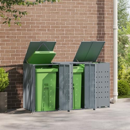 Azzrora Wheelie Bin Storage for 3 Bins, Bin Shed, Wheelie Bin Storage, Outdoor Bin Storage, Bin Storage for Wheelie Bins, Bin Covers for Wheelie Bins, Grey 207x79x117 cm Steel