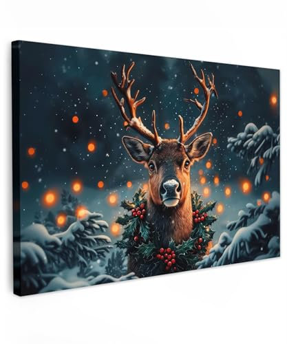 MuchoWow© Weihnachtsdeko Wandbilder Groß 120x80 cm XXL Home Deko Wohnung Bild Wohnzimmer Weihnachtsgeschenke Fotoleinwand Wand Bilder Leinwand Wall Decor Geschenk Hirsch - Weihnachten - Winter - Schne