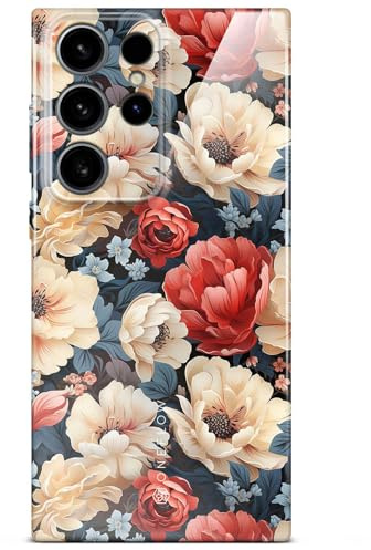 ONEFLOW Flower Cover für Samsung Galaxy S24 Ultra Hülle in Floral Optik, Blumen Designer Case Handy Schutzhülle mit Kameraschutz, Hardcase dünne Handyhülle Blumenmuster, Weiß Rot