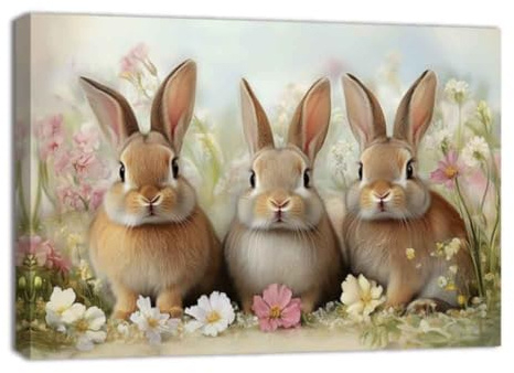 ZQQART Hase Wandbild Kaninchen mit Blumen Leinwanddrucke Niedliche Tiere Bild Osterfest Gemälde Drucke Kinderzimmer Dekor Rahmen(Rosa,30x45cm)