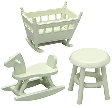 ifundom 1set Adorable Miniature Cradle Dollhouse Furniture Kit Rocking Chair Wooden Horse Stool for Desktop Decor House Supplies