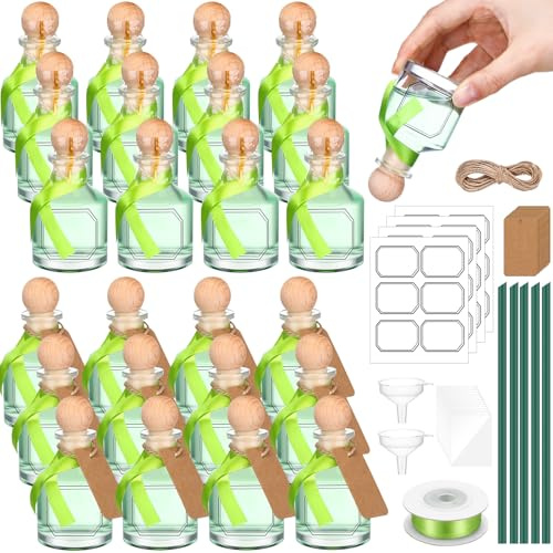 Baderke Patron Bottles Empty for Drinks Glass Mini Patron Tequila Bottles with Cork Lids Green Ribbon Reusable Glass Bottle for Weddings Birthday Party Favors DIY Crafts(24pcs,50ml)