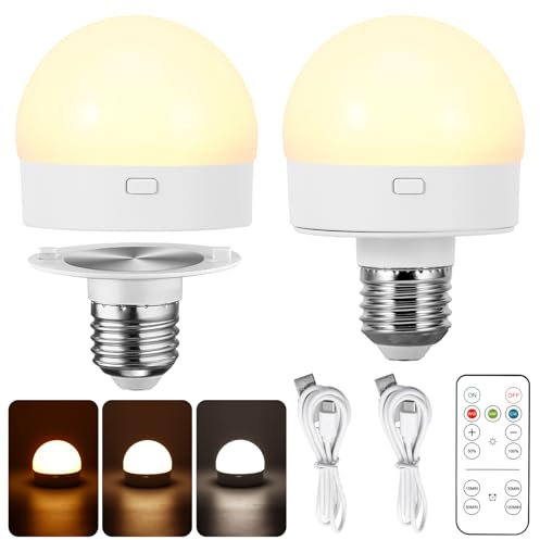 ZONJIE Rechargeable Light Bulbs - 2 Pack E27 Battery Operated LED Light Bulbs with Remote Control Dimmable Timer and 3 Lighting Modes, Magnetic Bulb Without Power