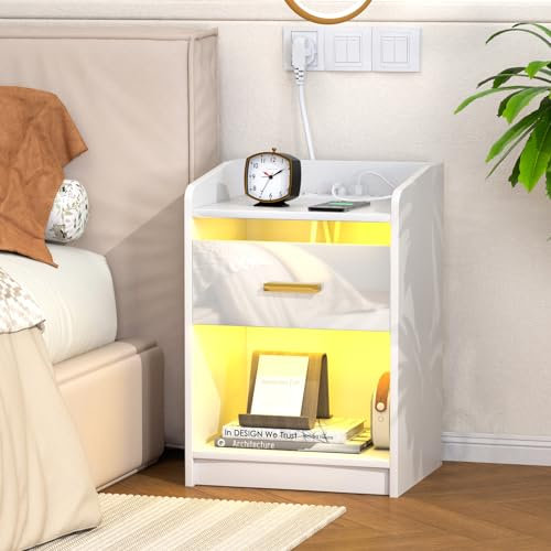 OXFENSEE Table de Chevet avec Éclairage LED, Table de Nuit avec Station de Charge, 2 Prises et 2 Ports USB, Haute Brillante Meuble de Chevet avec Tiroirs Noir, Moderne Meuble de Chambre