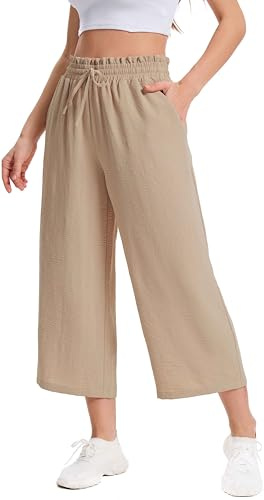 WUWUSKY Pantalon 3/4 Femme Taille Haute Capri Pantacourt Femme Été Fluide Léger Respirant pour Travail Décontracté avec Poches
