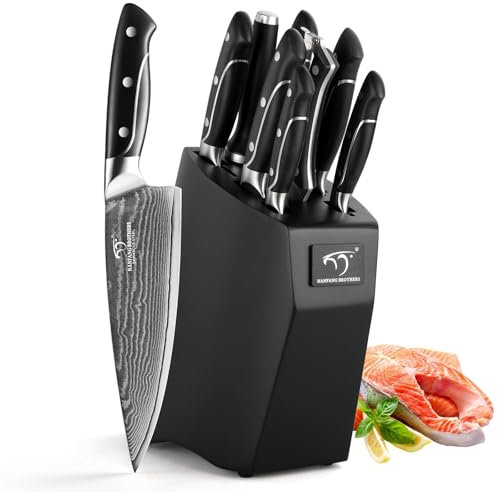 9-Piece Damascus Knife Set with Wooden Block - Professional Japanese VG10 Steel Kitchen Knives, Chef Knives Set, Black Damascus Steel Knives