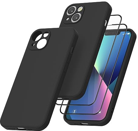 Vancle Case for iPhone 13 Phone Case,with 2 HD Screen Protectors, Shockproof Bumper Liquid Silicone Case with Microfiber Lining (Black)