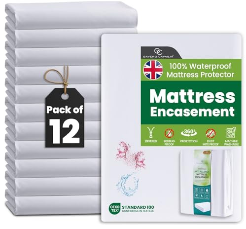 GC GAVENO CAVAILIA 12 Pack Mattress Encasement Double Bed | 30cm Deep Waterproof Mattress Protector | Anti-Allergy Zipped Mattress Cover | Bed Bug Dust Mite Proof | Double Mattress Protector | White