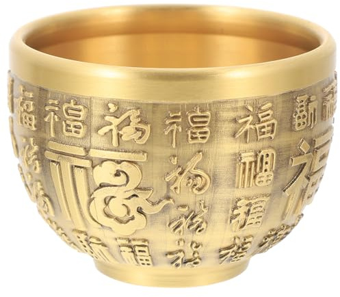 POPETPOP Brass Treasure Basin for Prosperity: Hand-Engraved Hundred Symbols Mini Decorative Accent for Home & Office Desk, 2.36 X 2.36 X 1.77 Inches