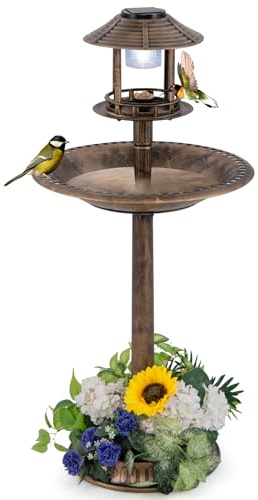 GYMAX Vogeltränke stehend mit Solarleuchte, Vogelbad Garten mit Blumenkübel & befüllbarem Ständer, Wasserschale Vögel, Futterstation für Balkon & Garten, Nr. 1 Antikbronze