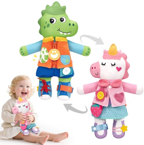 hahaland Montessori Spielzeug 1-4 Jahr, Dino-Einhorn Puppe 15 Alltagsskills | Doppelpuppe, 15 Alltagsfähigkeiten, Klett Knöpfe, Baby Motorikspielzeug, Geschenke 12 Monate Kinder, Jungen Mädchen