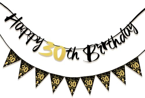 30 Geburtstag Banner, Happy 30 Birthday Girlande Wimpelkette, Geburtstag Deko Zubehör Geburtstagsdeko für Männer Frauen(Schwarz und Gold)