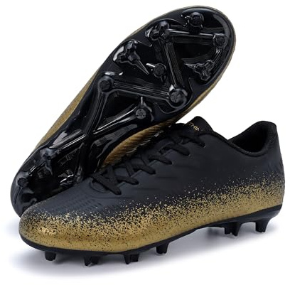 FEETHING Chaussures de Football pour Homme à Crampons Moulés pour Terrain en Herbe et Synthétique Tige Basse Légères et Antidérapantes Confort Optimal(Noir/Or,43EU)