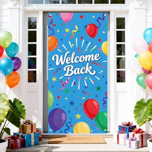 arricraft 1 Stück Willkommen Thema Polyester Tür Abdeckung, 72.83 x35.43 Blaue Willkommen zurück Bunte Ballon Hintergrund Banner Tür Veranda Zeichen Fotografie Hintergrund für Party Home Decor